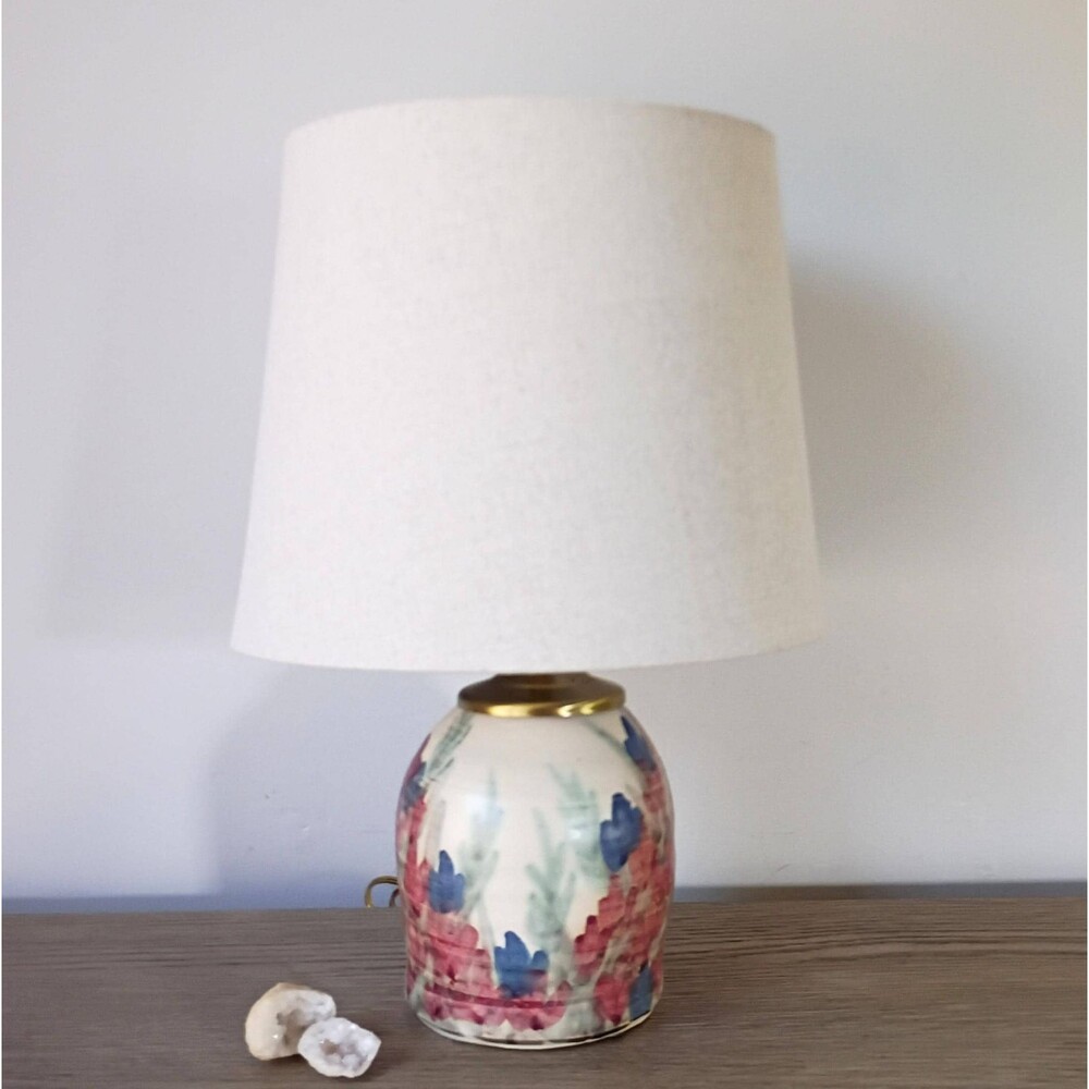 Vintage Small Cream Studio Pottery Ceramic Lamp Floral Accent Table Lamp
